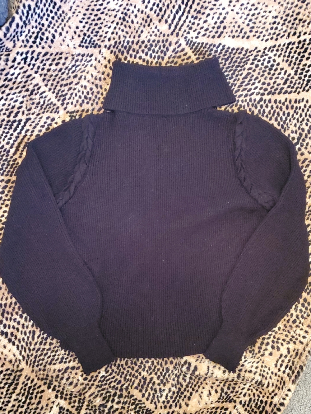 saks fifth avenue black turtleneck sweater with braided shoulder. small euc